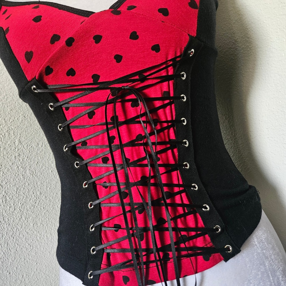 Royal Bones Red Black Heart Corset Lace Up Camisole Top - Picture 3 of 6